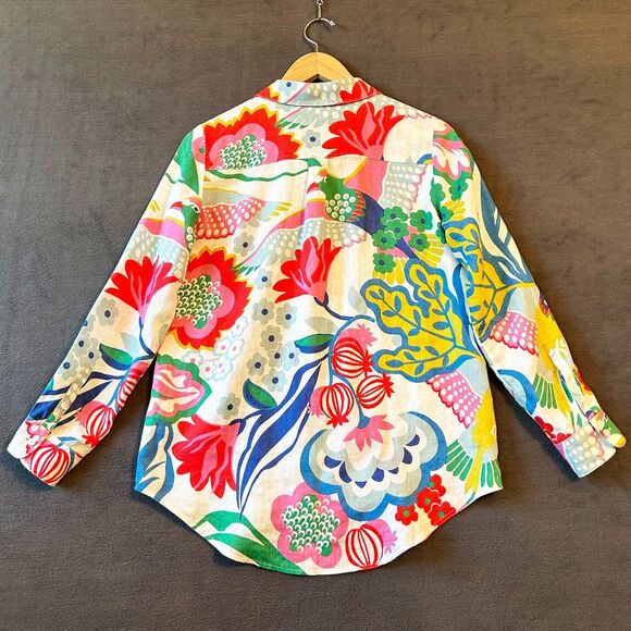 Boden Linen Button Front Blouse Women's Size 2 Bright Floral Tropical Bird Print - Picture 4 of 8